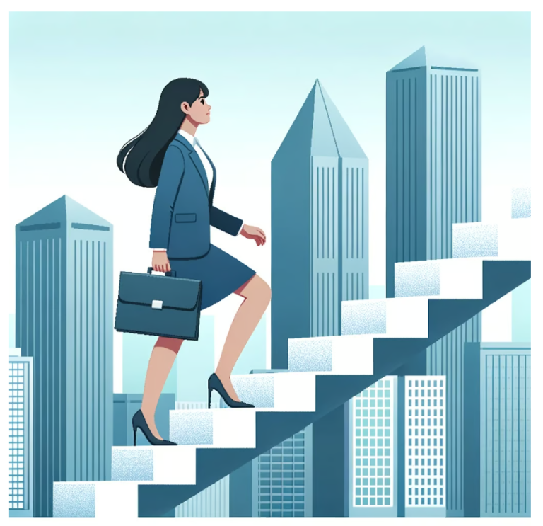 Woman walking up corporate stairs